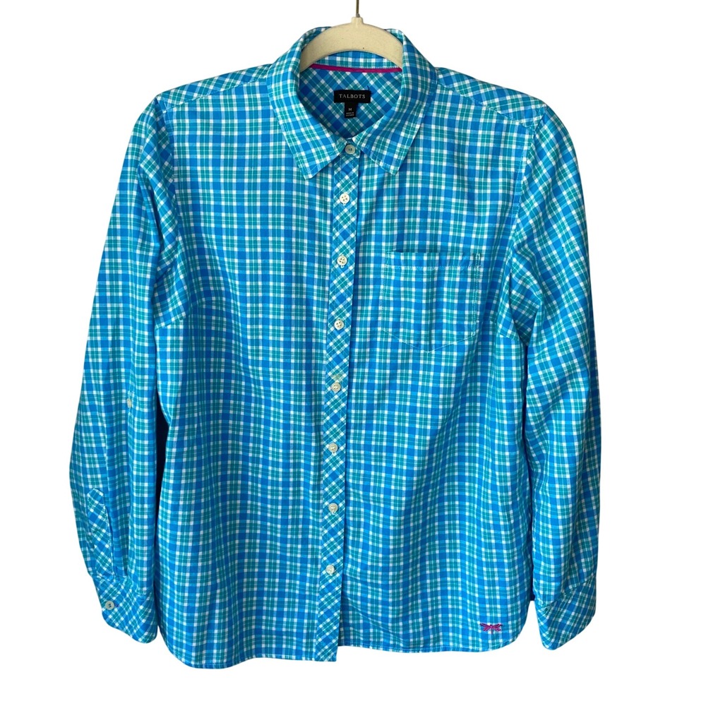 Talbots Womens Blue Teal Gingham‎ Plaid Roll Tab Button Down Shirt Size M